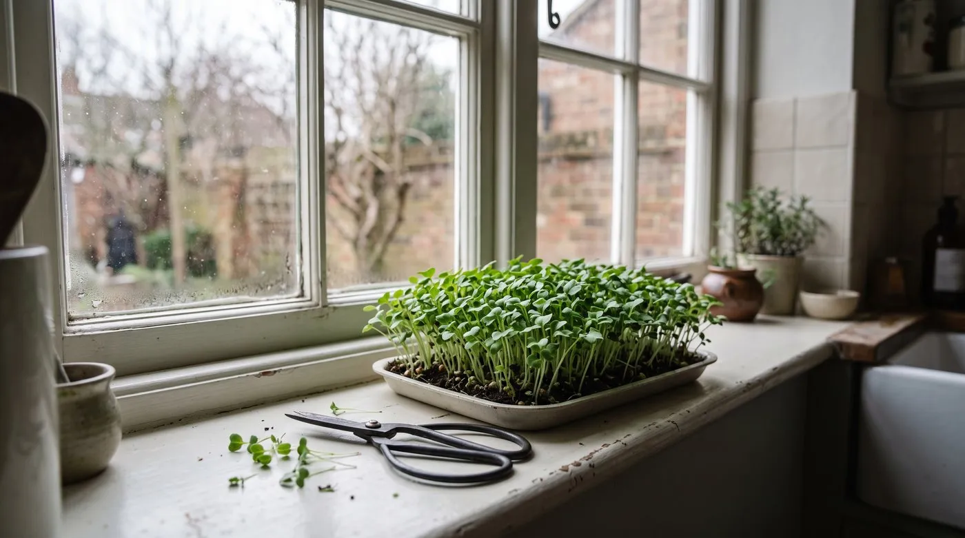 Tray of mustard microgreens about 4cm tall on a bright kitchen windowsill