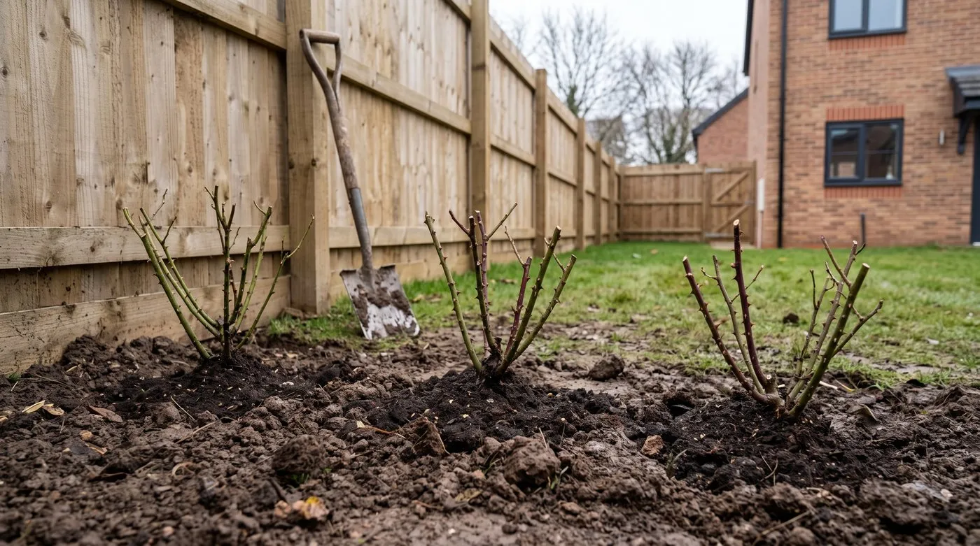 Freshly planted bare-root roses in a new border of a new-build garden in late autumn