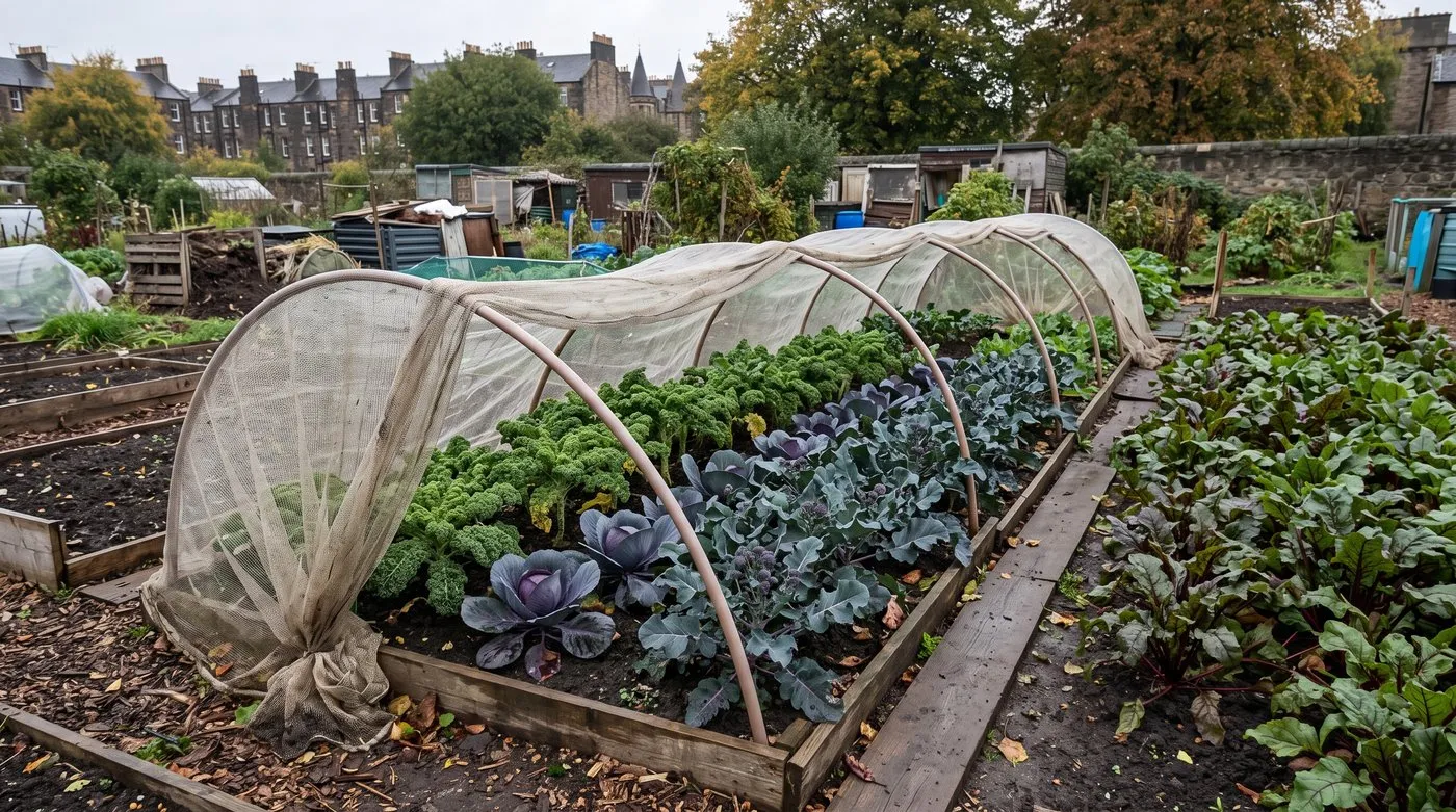 Allotment bed of kale, red cabbage and broccoli beside a row of beetroot