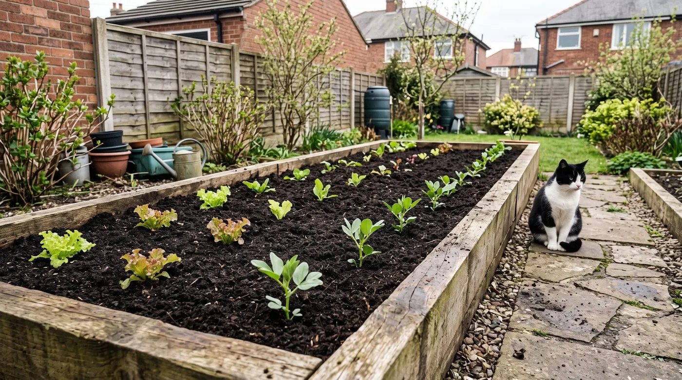 No-dig vegetable bed topped with dark compost mulch and young lettuce, with a cat sitting on the path