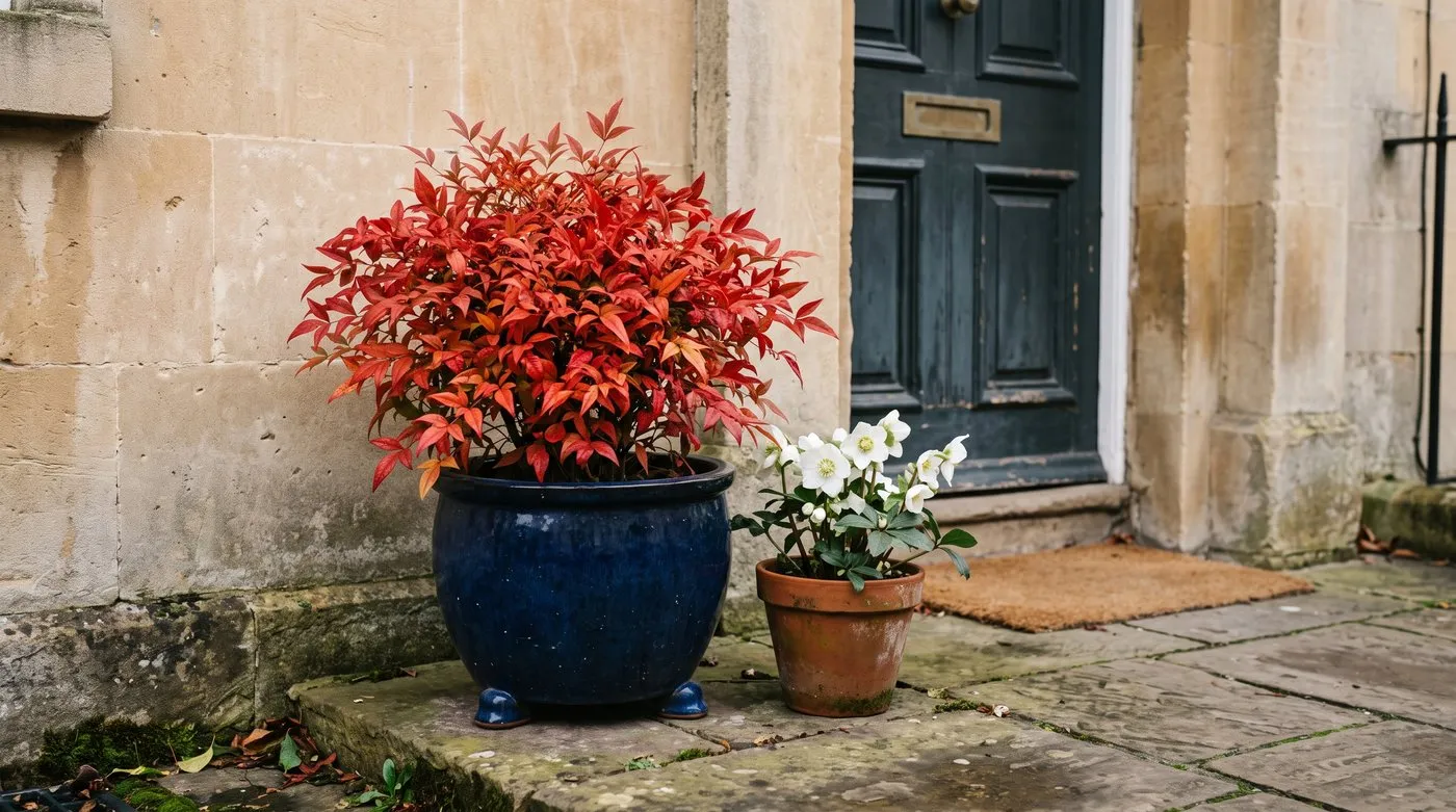 Red Nandina Firepower in a glazed pot beside a terraced house front door in winter