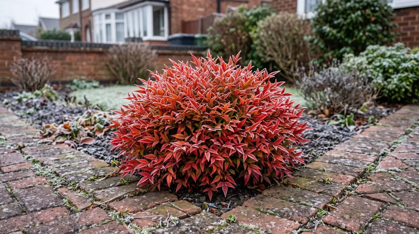 Compact Nandina Firepower with bright red-orange winter leaves at the front of a frosty border
