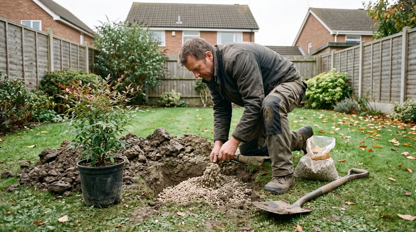 Man mixing grit into clay soil in a planting hole beside a potted nandina