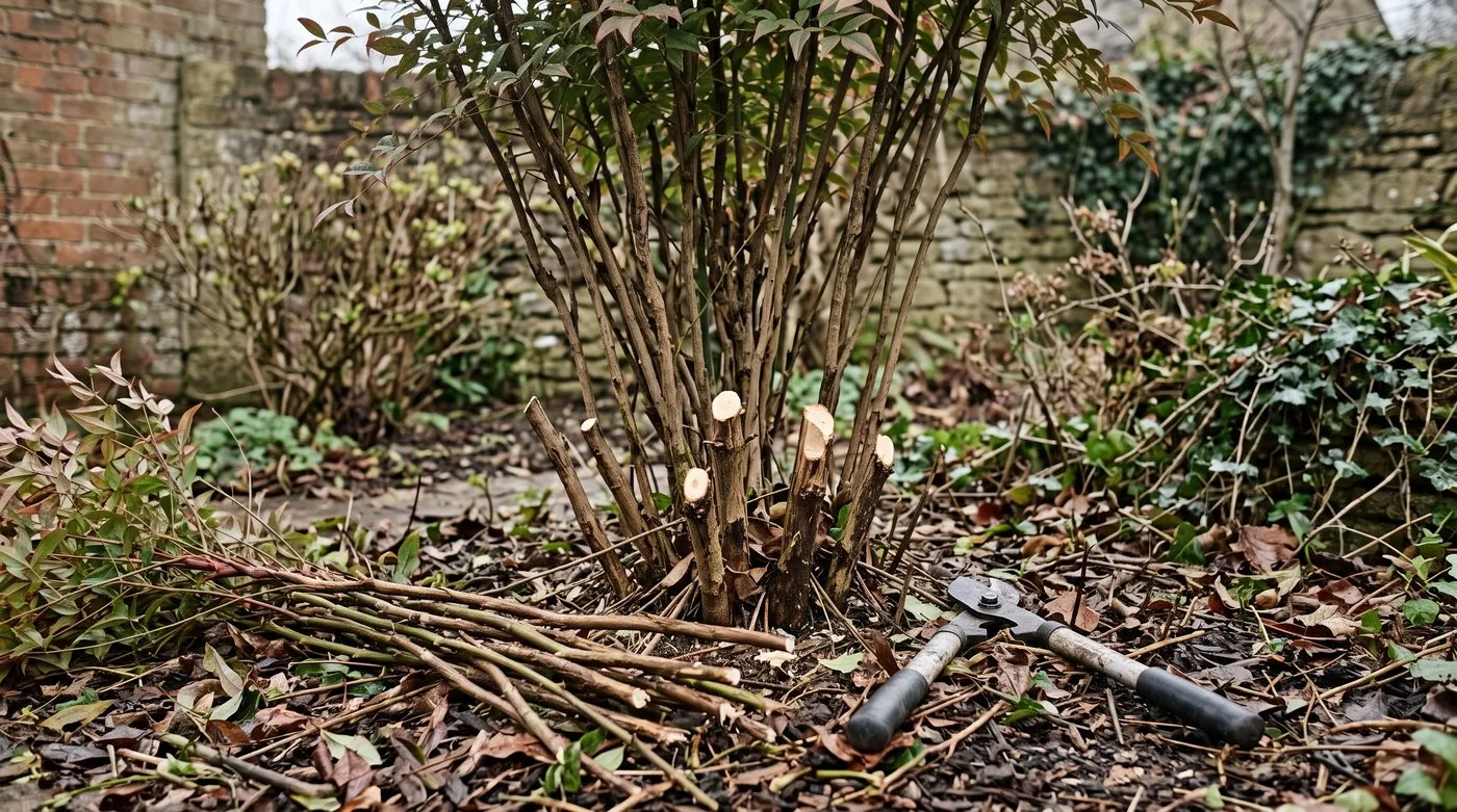 Older nandina with a third of its oldest stems cut down to 15cm stumps in March