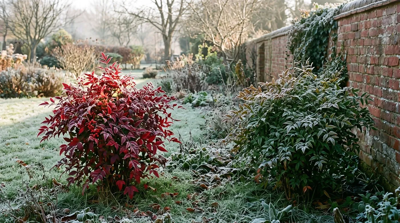 Crimson nandina in a sunny spot compared with a green, shaded nandina in winter