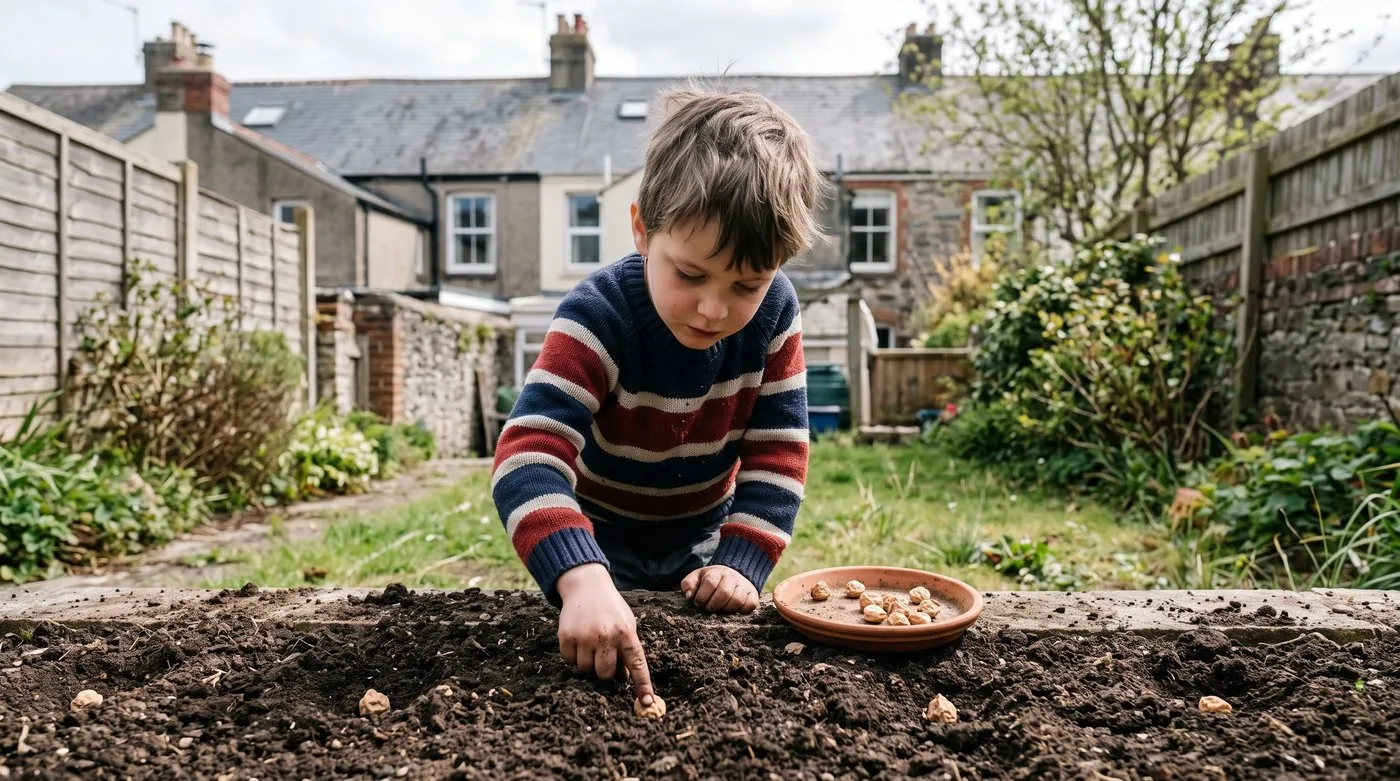 Young boy pushing large nasturtium seeds into the soil along a sunny border