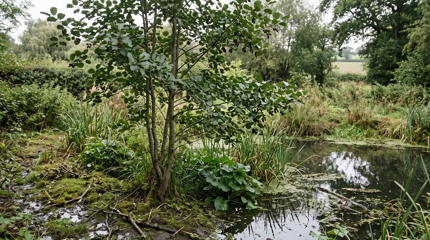 Young alder with rounded leaves growing beside a garden pond in damp ground