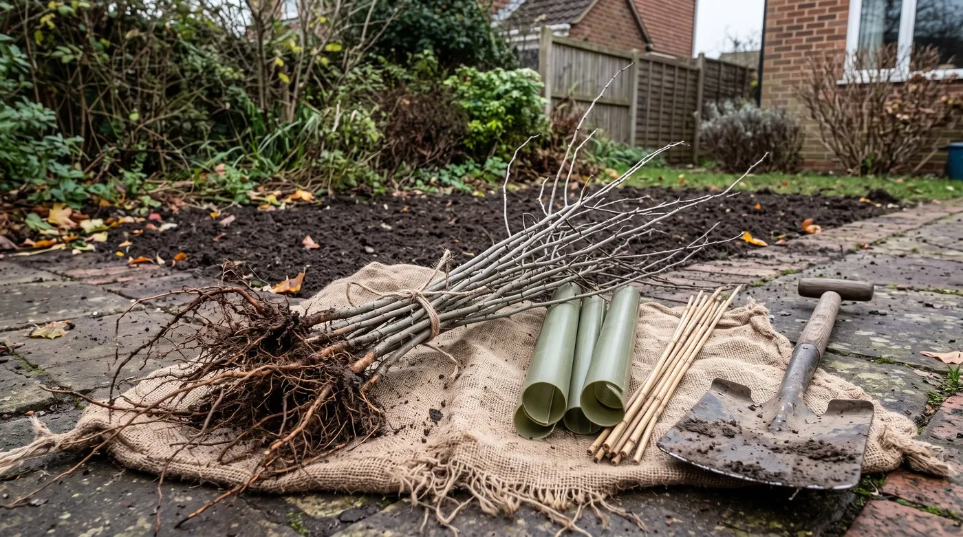 Bundle of bare-root native tree whips with moist fibrous roots beside a spade and spiral tree guards
