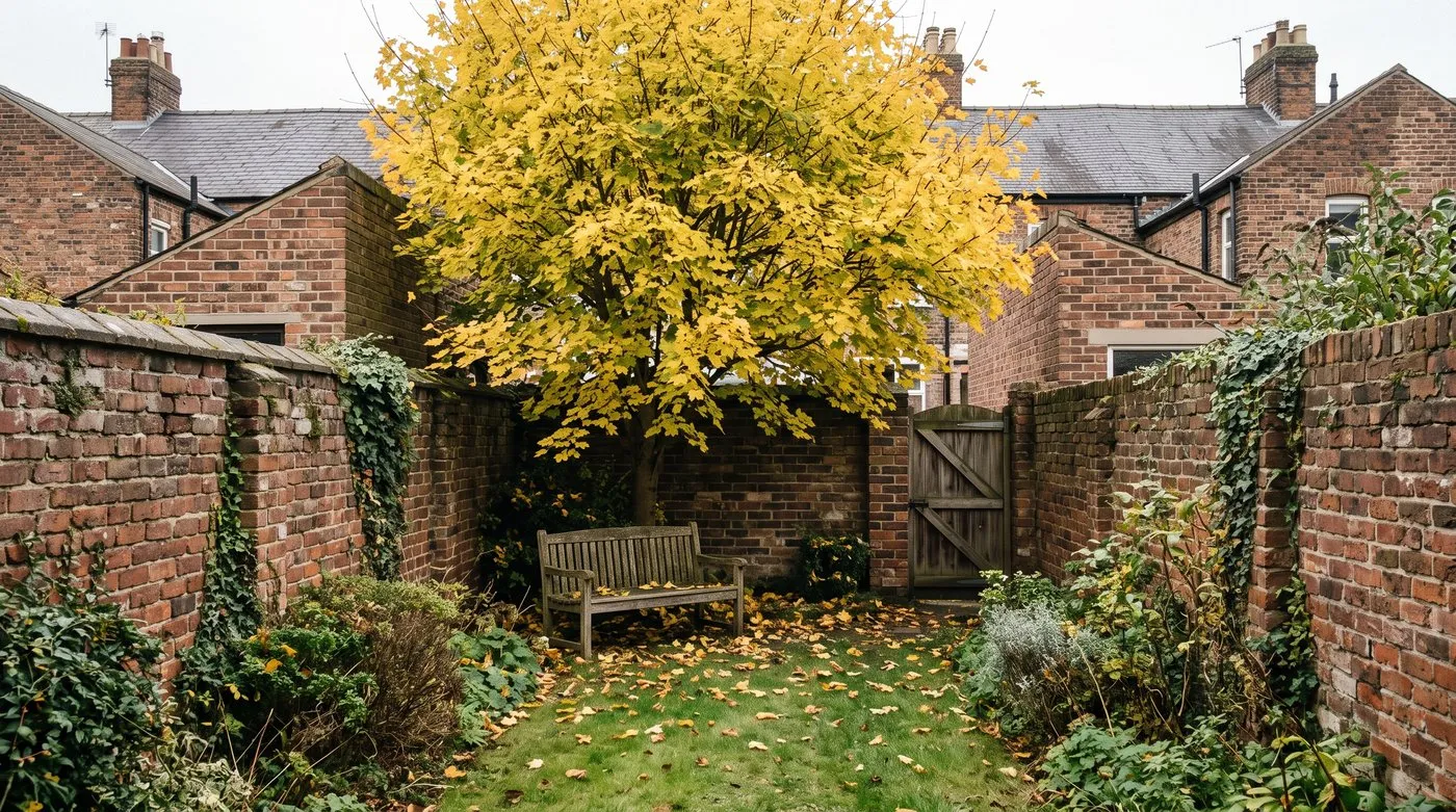 Field maple with small lobed yellow autumn leaves in the corner of a small walled back garden