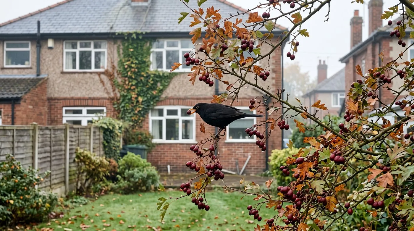 Blackbird perched among clusters of red haws on a small hawthorn tree with autumn leaves in a back garden
