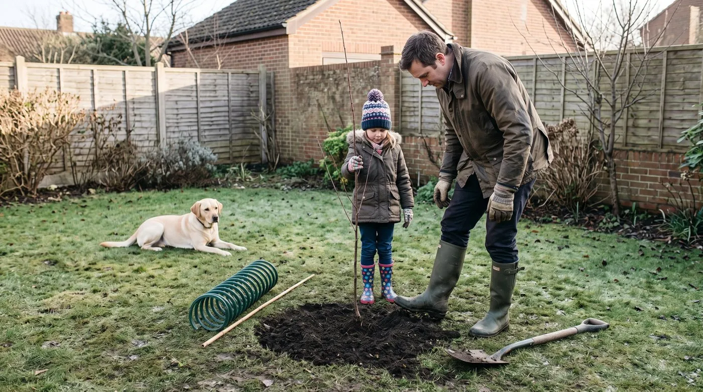 Father and daughter planting a bare-root tree whip in a cleared circle of lawn with a spiral guard ready