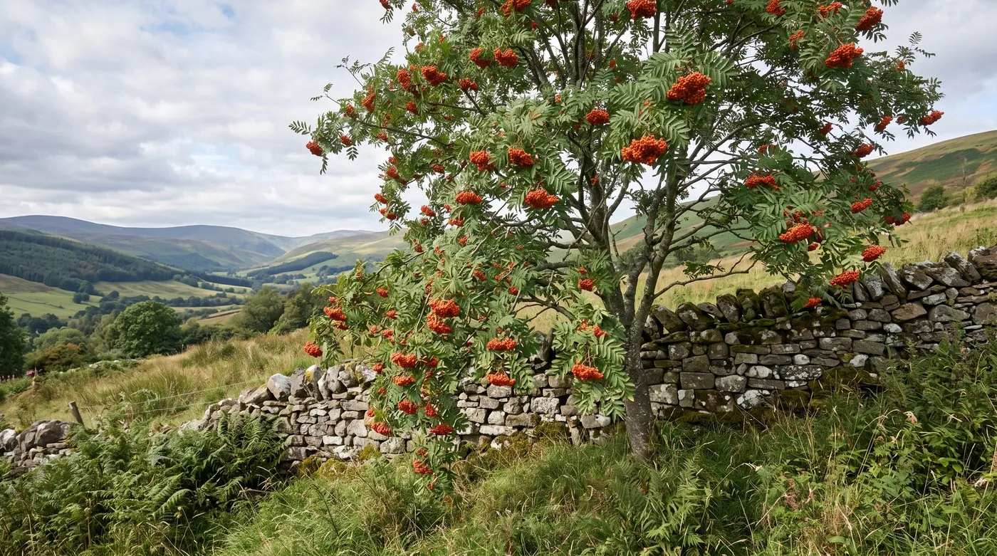 Rowan tree with feathery leaves and clusters of orange-red berries beside a dry stone wall in a hillside garden