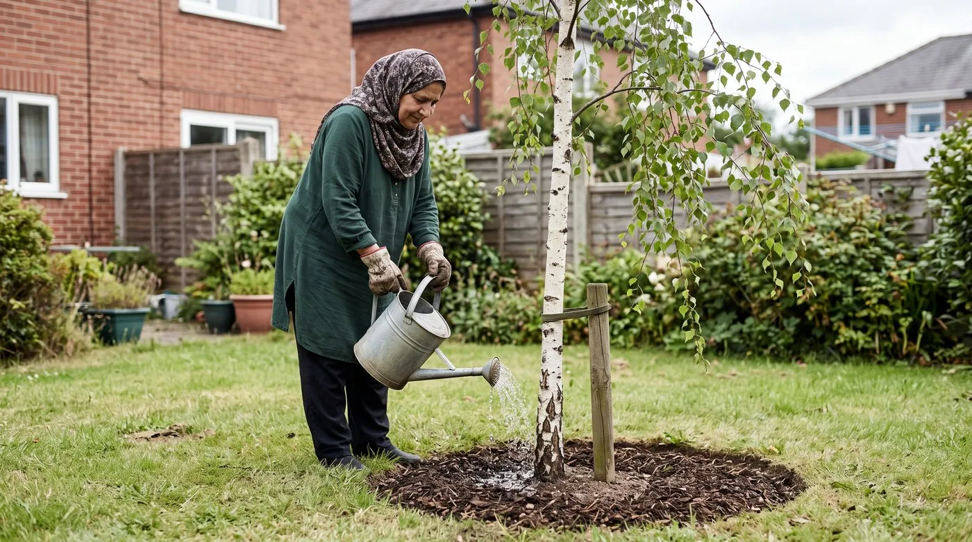 Gardener watering a young silver birch standing in a weed-free circle of bark mulch in a lawn