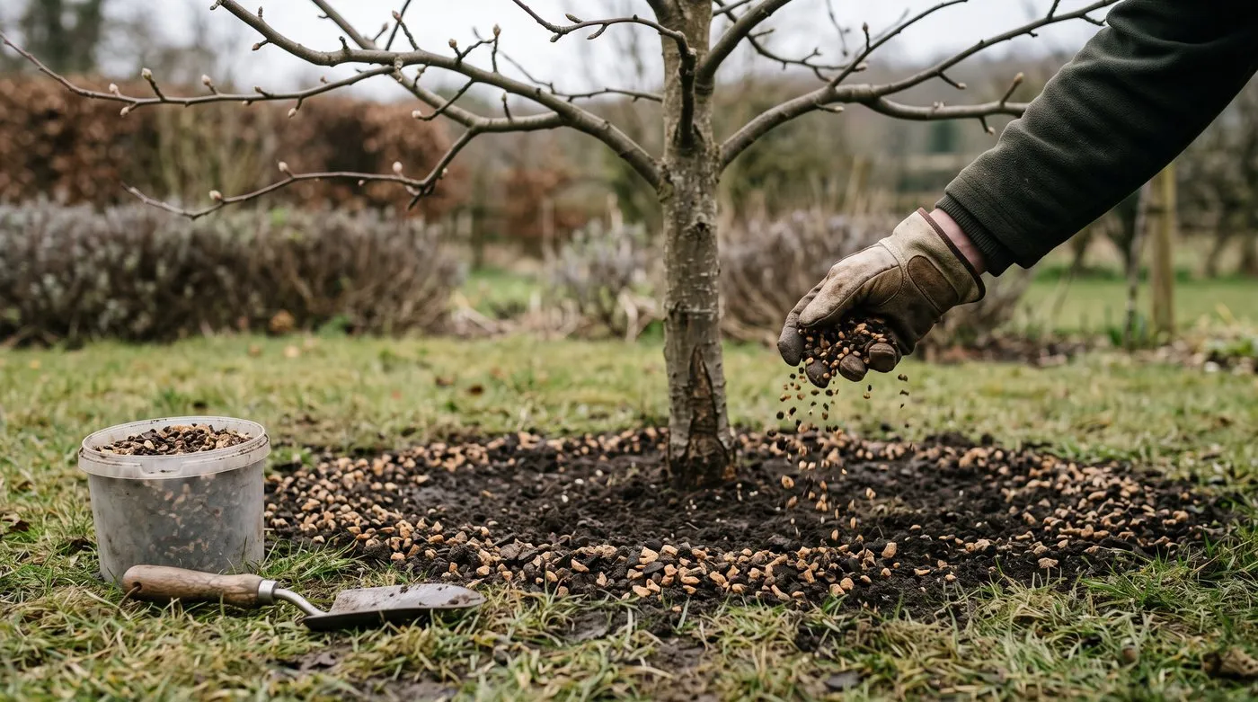 Scattering coarse hoof and horn granules in a ring under the outer branches of a young apple tree