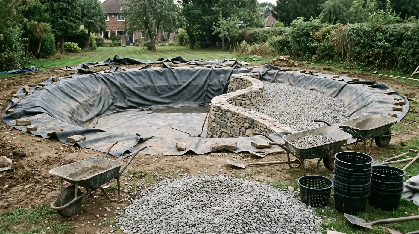 A swimming pond being built, with a low wall separating the deep zone from a shallow gravel planting zone