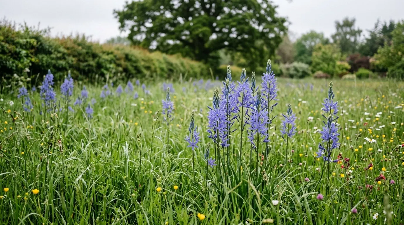 Naturalising bulbs in grass: tall blue camassia flower spikes rising through long meadow grass in a Welsh cottage garden in May
