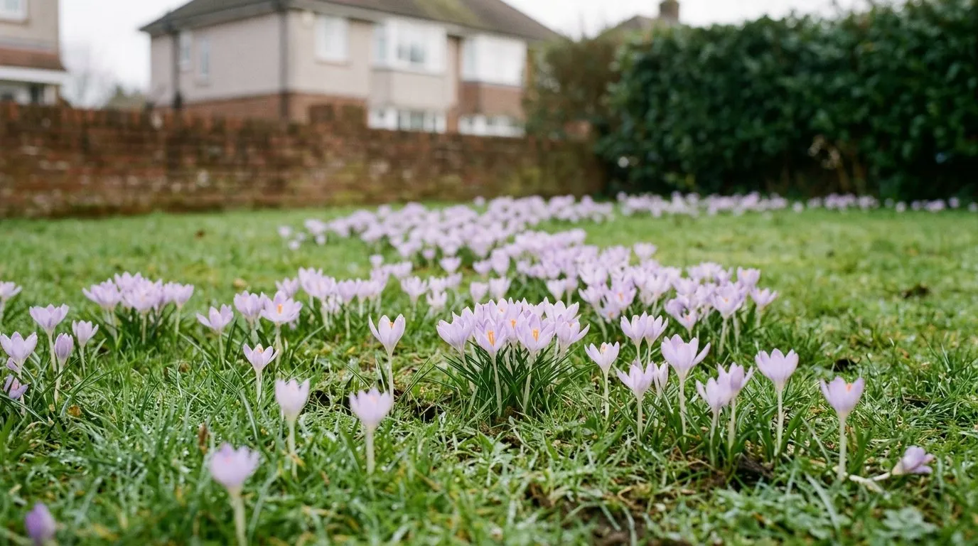 Naturalising bulbs in grass: purple crocus opening in the short grass of a suburban semi front lawn in early March