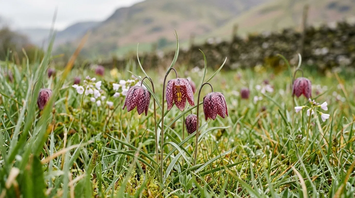 Naturalising bulbs in grass: chequered purple and white snake's head fritillary flowers in damp long meadow grass in a Lake District garden