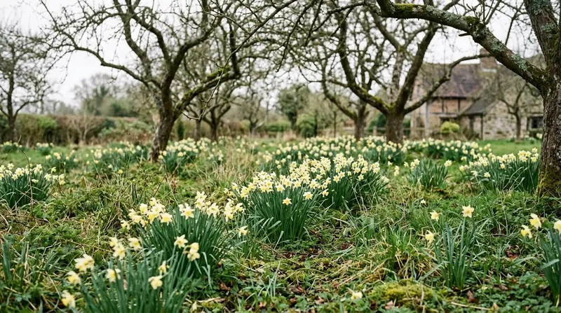 Naturalising bulbs in grass: drifts of wild daffodils flowering in long orchard grass under bare apple trees in spring