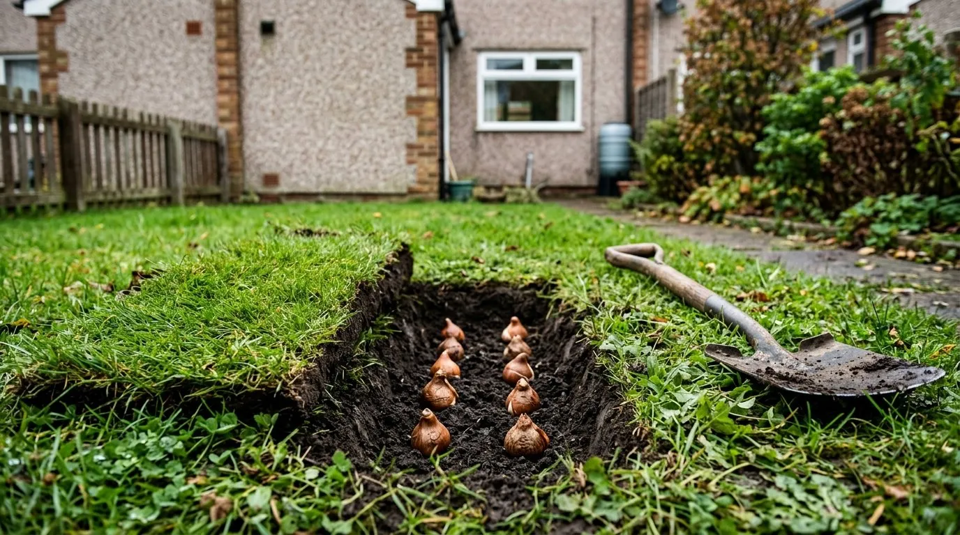 Naturalising bulbs in grass: a spade lifting an H-shaped flap of turf with daffodil bulbs placed in the soil beneath, in a council-estate terrace back garden