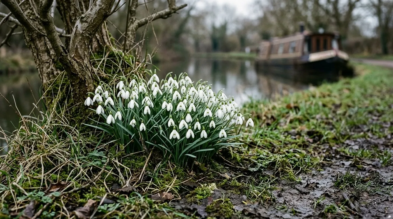 Naturalising bulbs in grass: white snowdrops flowering in the green under a bare tree beside a canal-side towpath in late winter