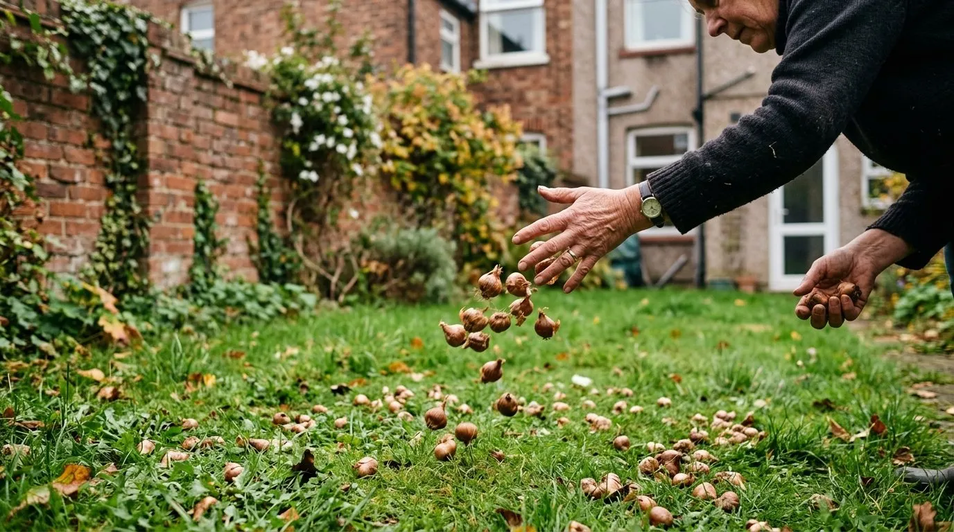 Naturalising bulbs in grass: a gardener's hand scattering brown daffodil bulbs across the grass of a city terraced back garden