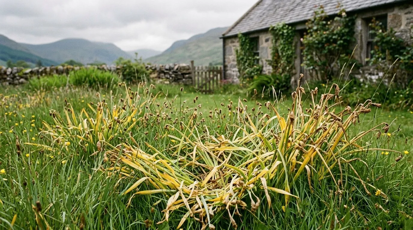 Naturalising bulbs in grass: faded yellowing daffodil foliage left uncut in long spring grass in a Scottish garden, showing the no-mow rule