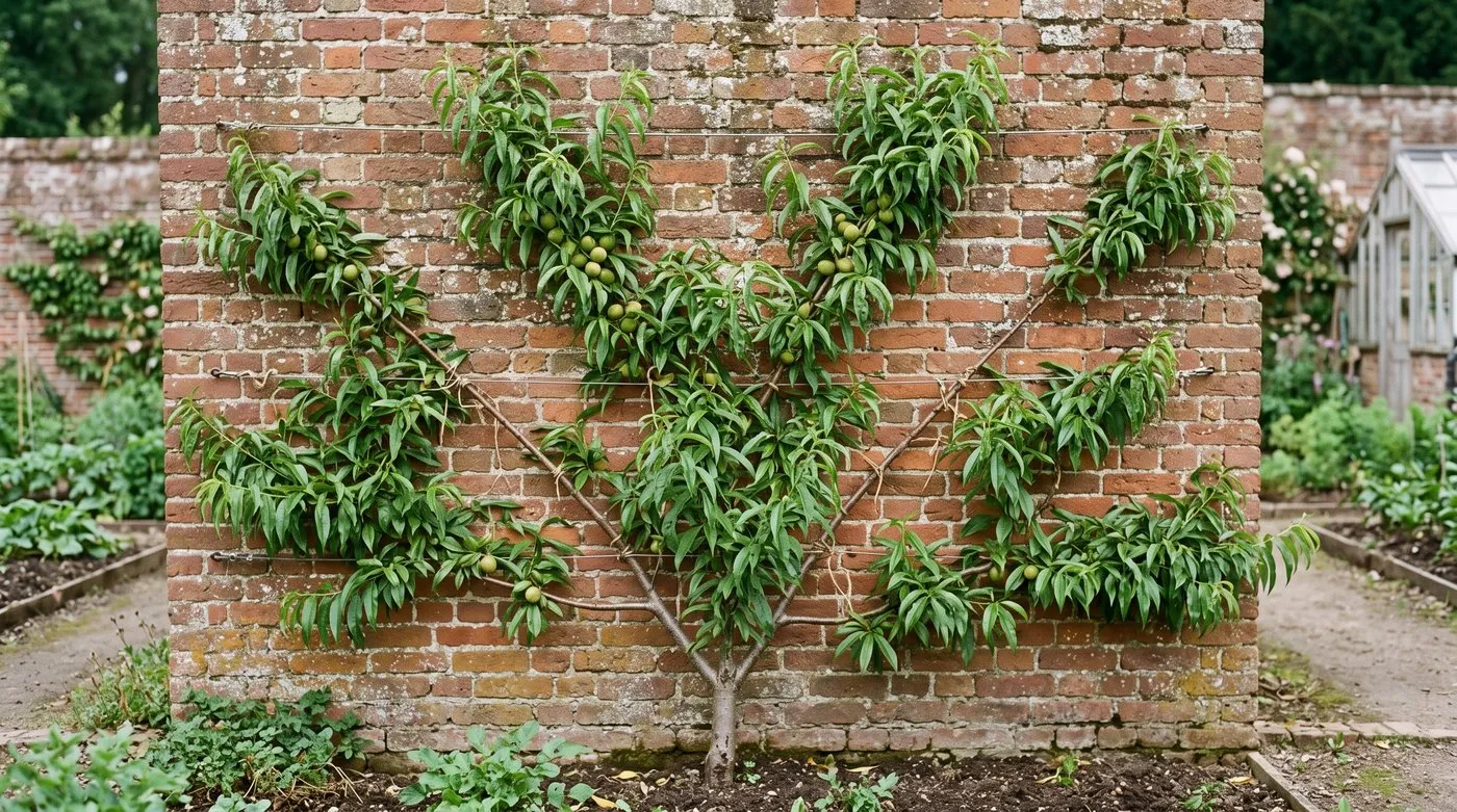 Fan-trained nectarine tree tied to wires on a sunny brick wall in early summer