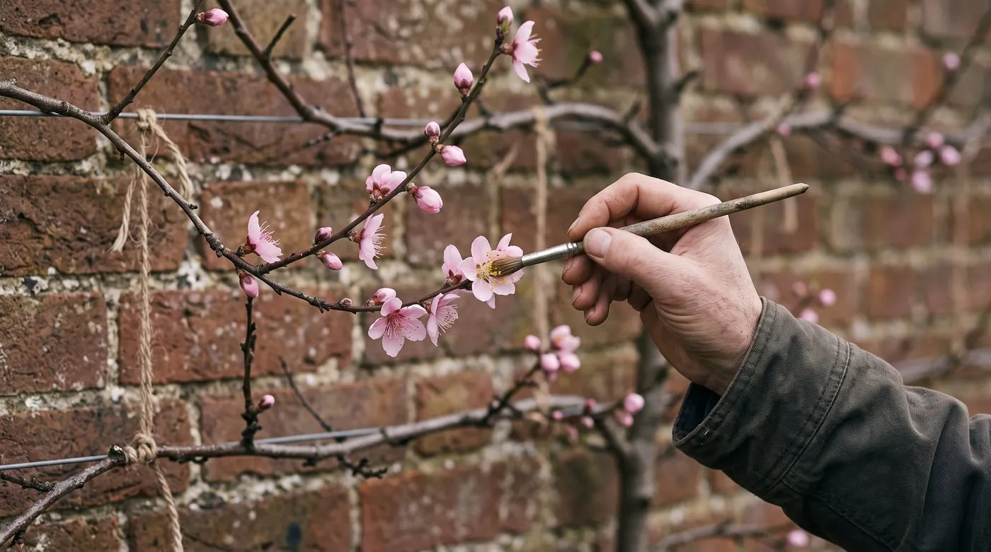 Soft paintbrush pollinating pink nectarine blossom on a wall-trained tree in March
