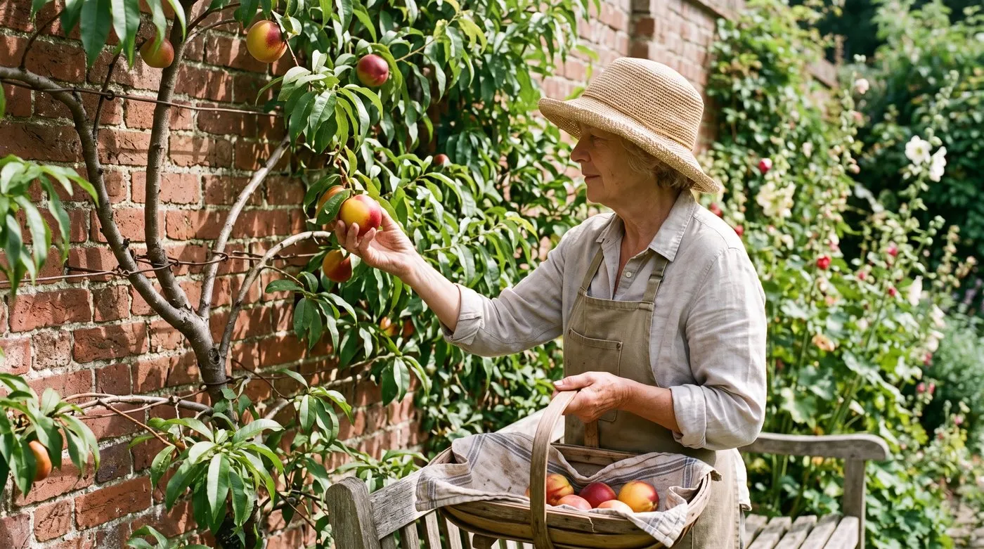 Older woman gently lifting a ripe, red-blushed nectarine from a fan-trained tree