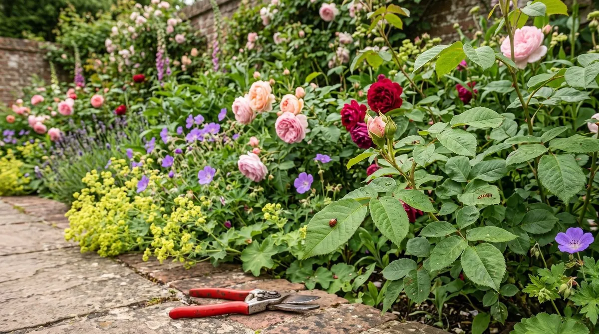 A healthy rose border in early summer with ladybirds and hoverflies, the natural way to keep aphids down