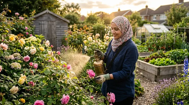 Neem oil spray being applied to rose bushes in a UK cottage garden during golden hour