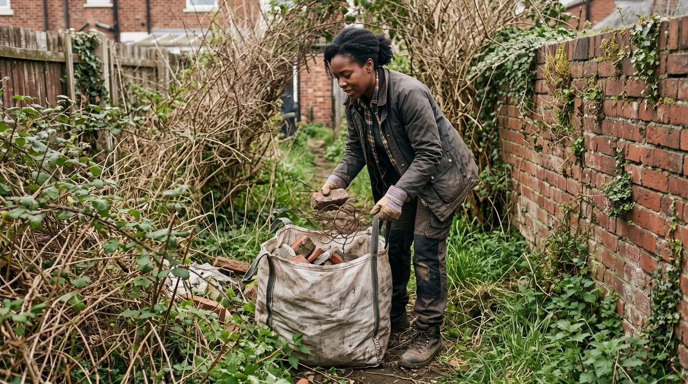 Woman in work gloves clearing rubble and old wire from an overgrown path in a terraced back garden