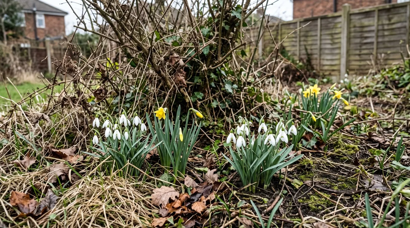 Snowdrops and daffodils emerging through dead grass and leaves in an overgrown garden border in early spring