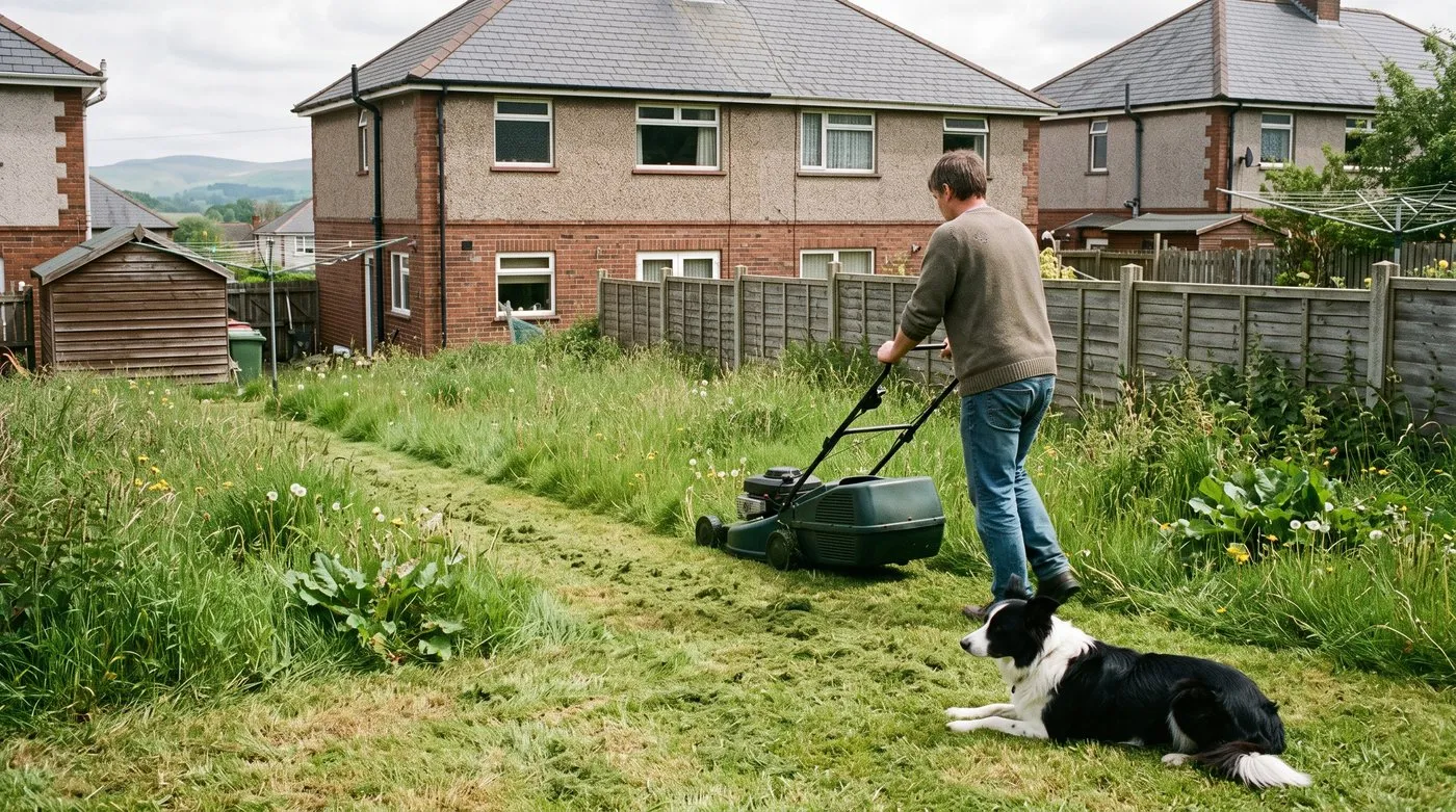 Lawn mower cutting a strip through long rough grass in a back garden while a dog watches from the cut lawn