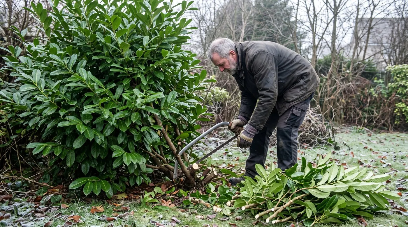 Man using a bow saw to hard-prune an overgrown cherry laurel in a garden in winter