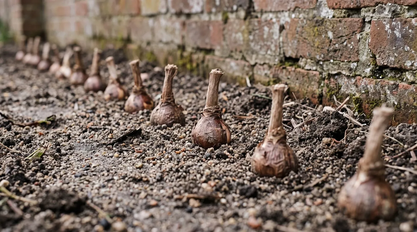 Nerine bulbs planted with their top third and necks showing above gritty soil