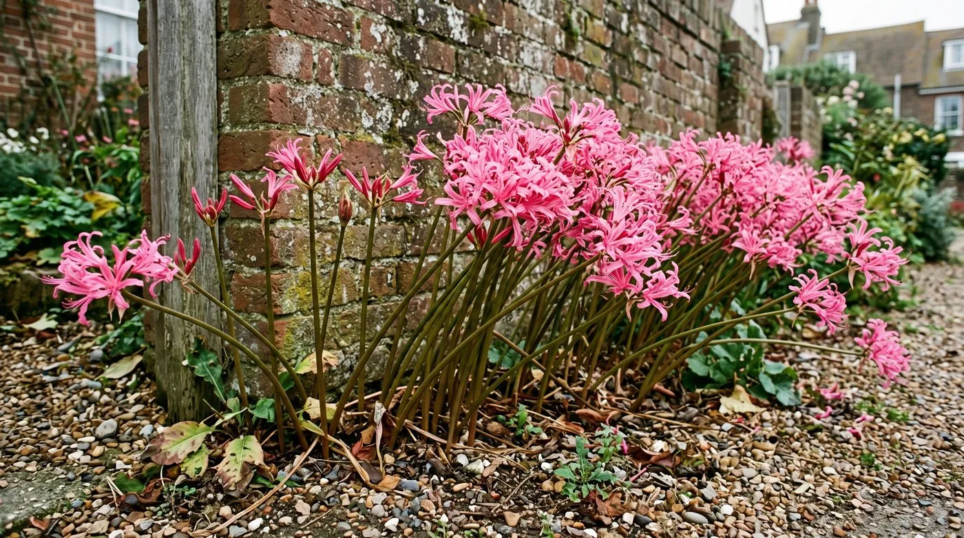 Drift of bright pink Nerine bowdenii flowering at the foot of a sunny brick wall in October