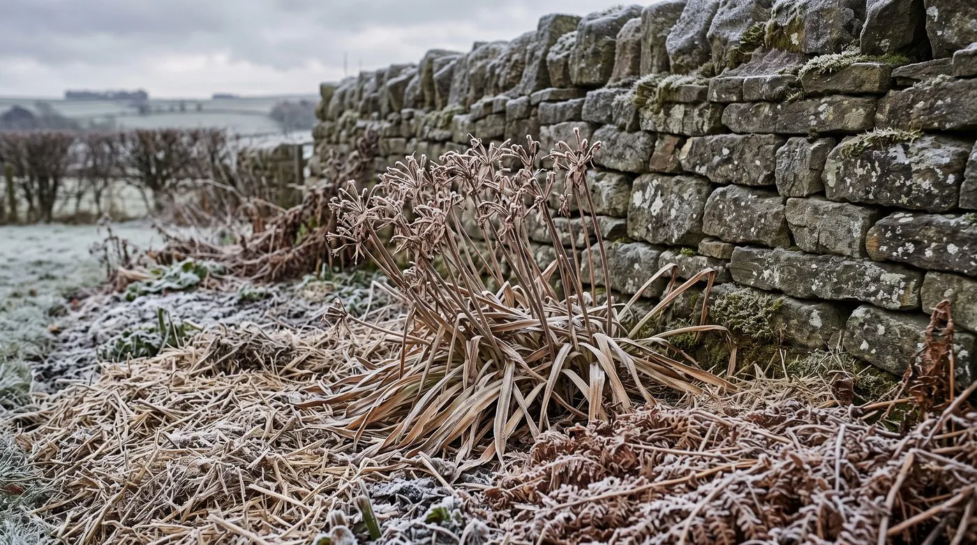 Nerine clump covered with a thick mulch of straw and bracken at the foot of a wall in winter