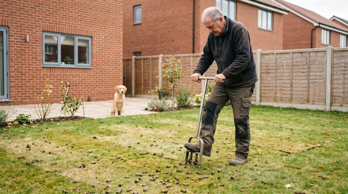 Man using a hollow-tine aerator on a patchy new-build lawn while a golden retriever watches from the patio