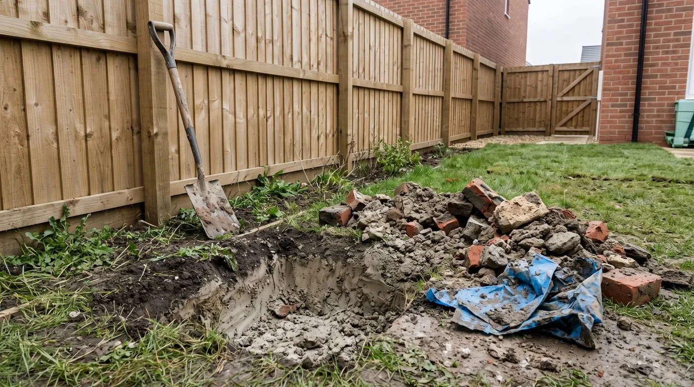 Planting hole in a new-build border showing thin topsoil over compacted clay, with brick and mortar rubble dug out
