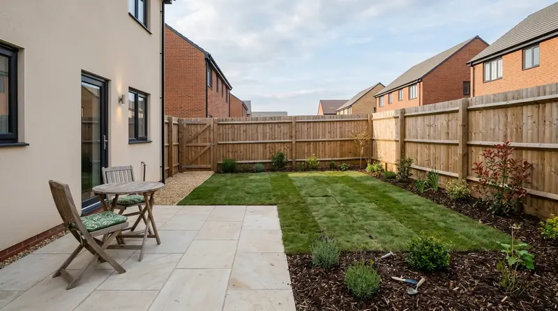 A newly handed-over UK new-build garden with fresh patio, sparse young shrubs in mulched beds