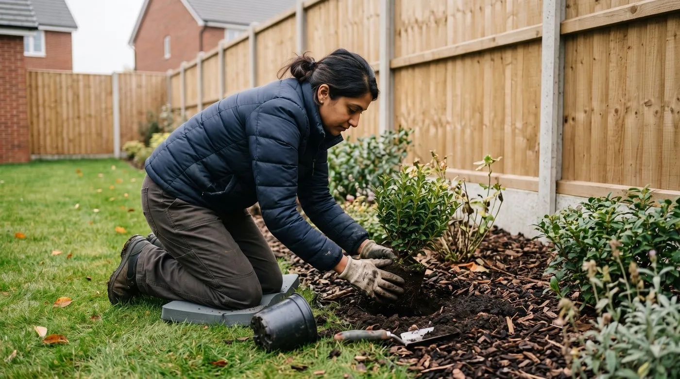 Woman planting a young shrub into a gap in a mulched new-build border in autumn