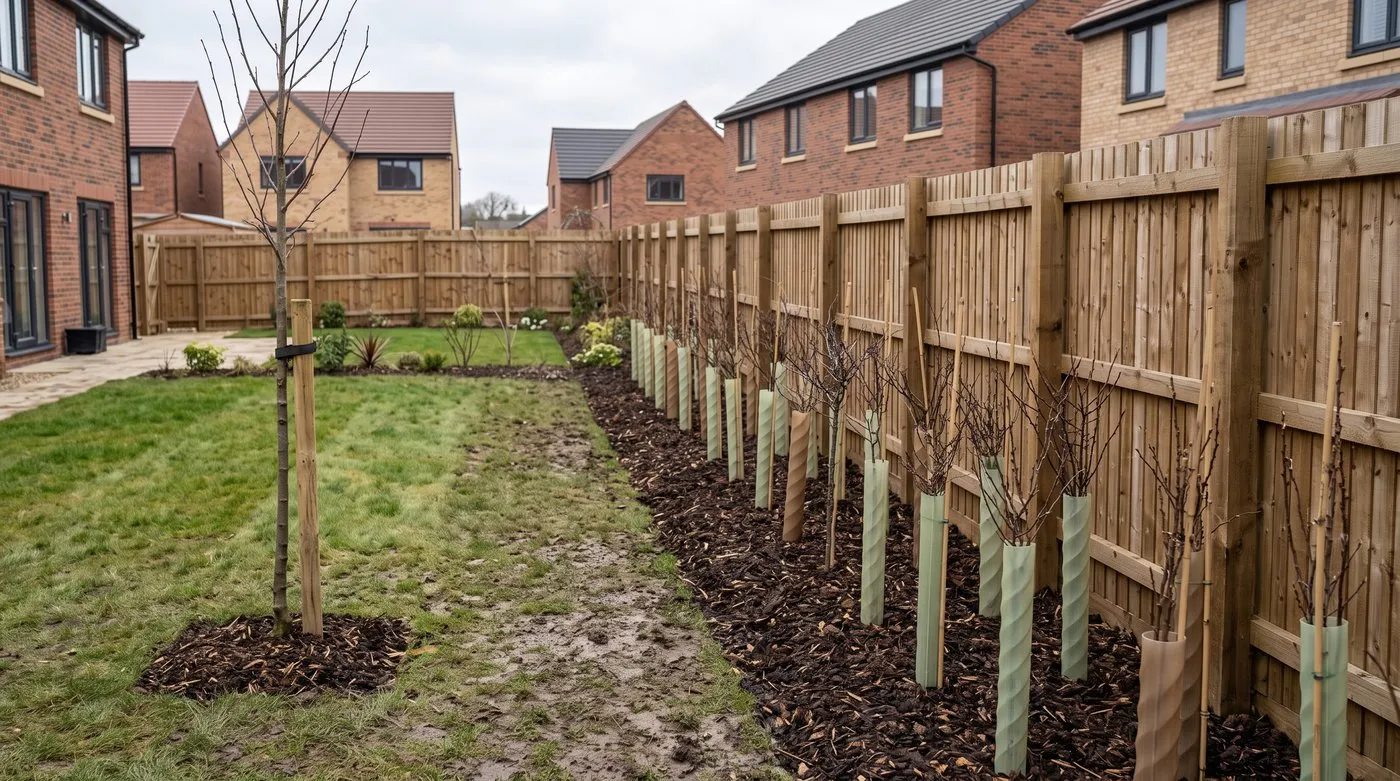 Bare-root native hedge whips newly planted in a double row along a new build garden boundary