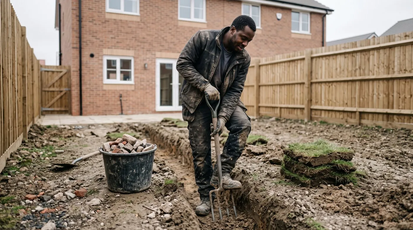 Man double digging a new build garden border to break up compacted soil, with rubble picked out into a bucket