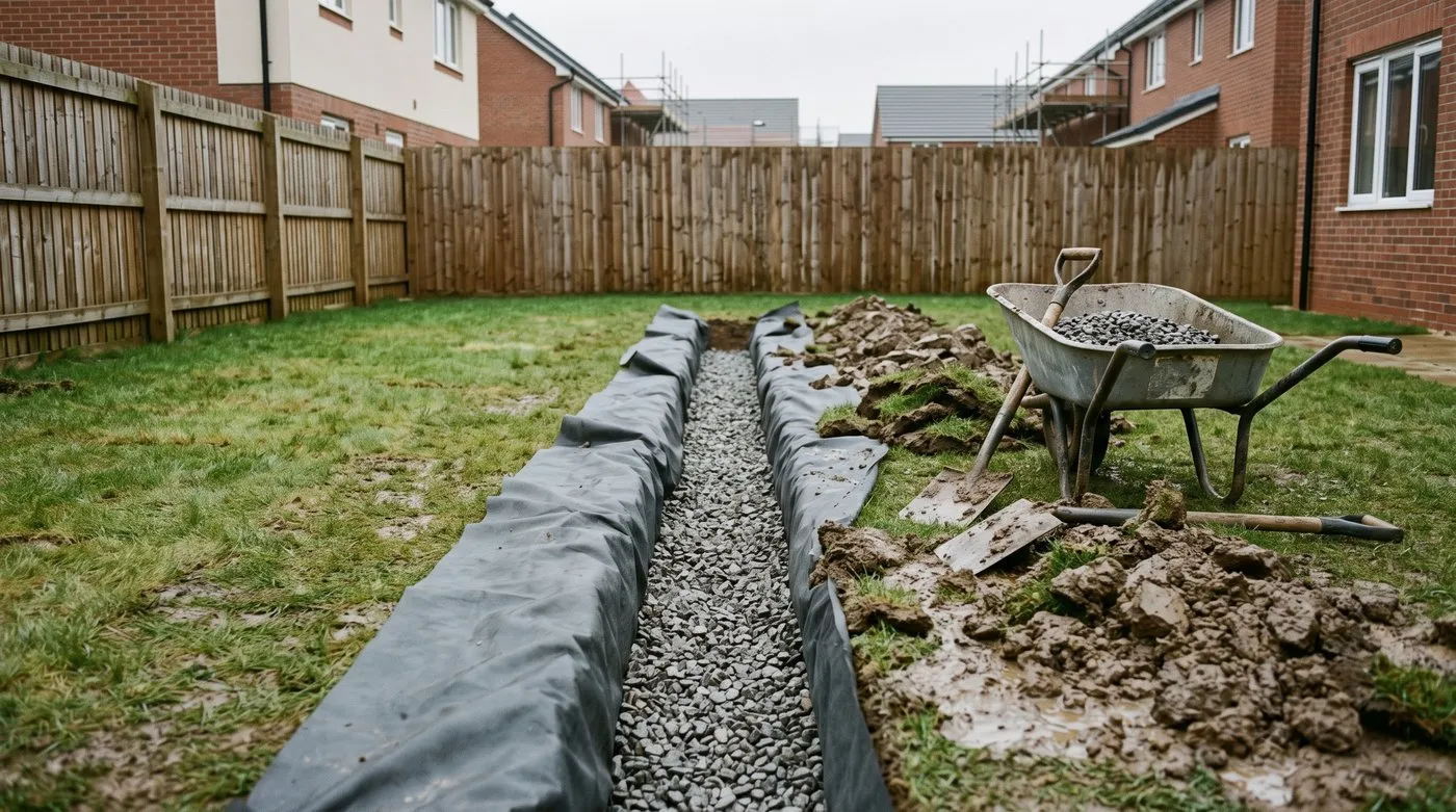 French drain trench in a new build garden lined with landscape fabric and filled with gravel