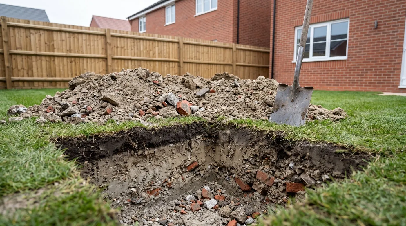 Test hole in a new build garden showing thin topsoil over compacted subsoil and builder's rubble