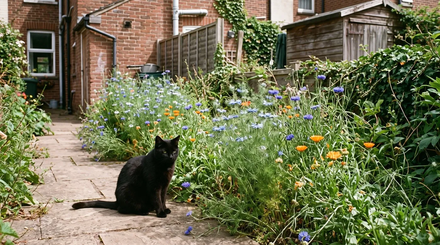 Blue nigella mixed with cornflowers and orange calendula, with a black cat on the path