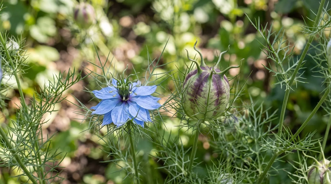 Blue nigella flower in a ruff of thread-like leaves beside a puffy striped seed pod