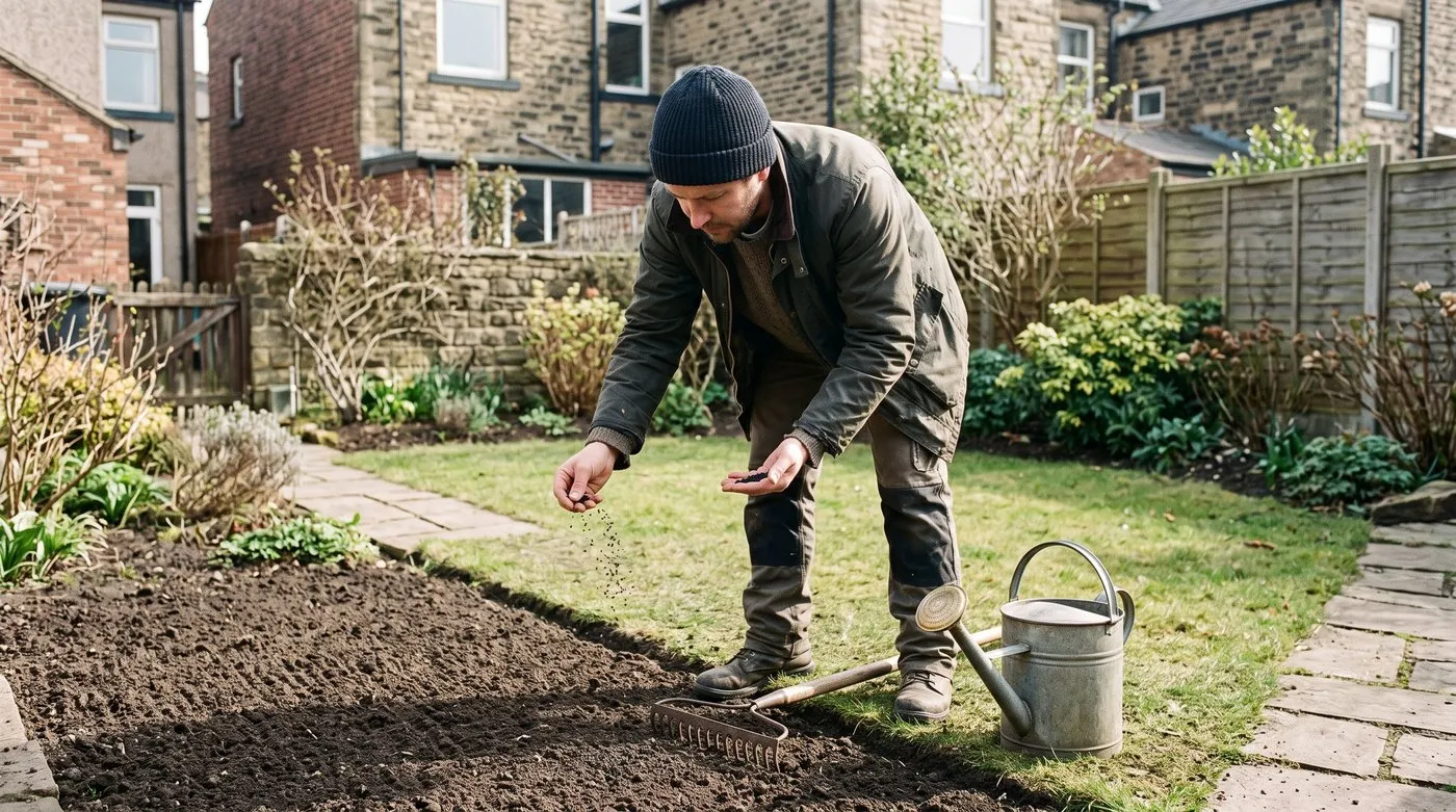 Man scattering nigella seed thinly over finely raked soil in a sunny border